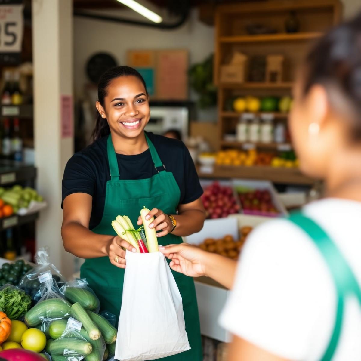Colaboradora do Proença Hortifruti entregando uma sacola de produtos frescos a uma cliente